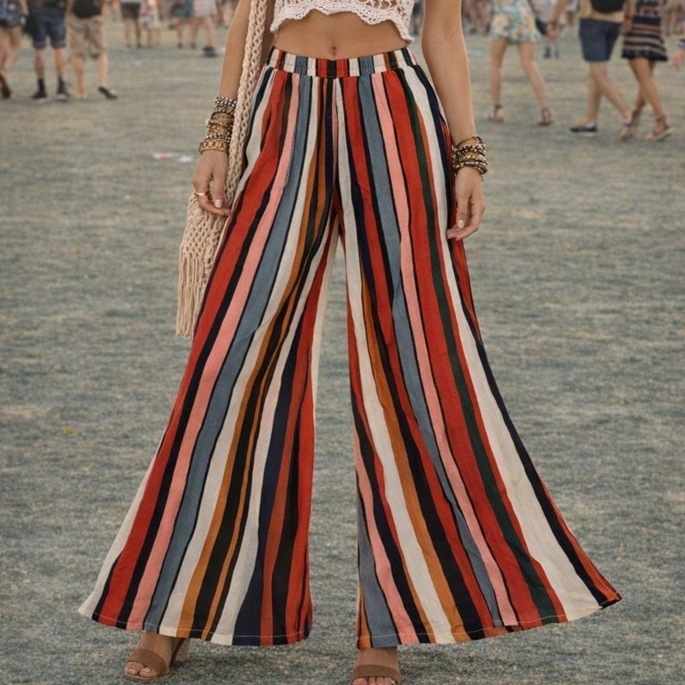 Olivaceous Womens S Wide Leg Pants‎ Striped High Rise Multicolor Rayon Palazzo